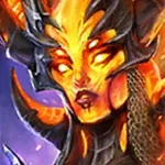 Fiery female fantasy character with glowing orange skin, horned black armor, and flames around her head against a purple background.