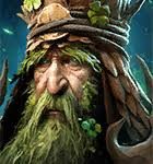 Fantasy forest druid with a long green beard, mossy hood and twig crown.