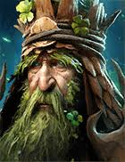Fantasy forest druid with a long green beard, mossy hood and twig crown.
