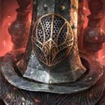 Close-up of a hooded armored warrior wearing a gold lattice helmet against a fiery, lava-lit background.