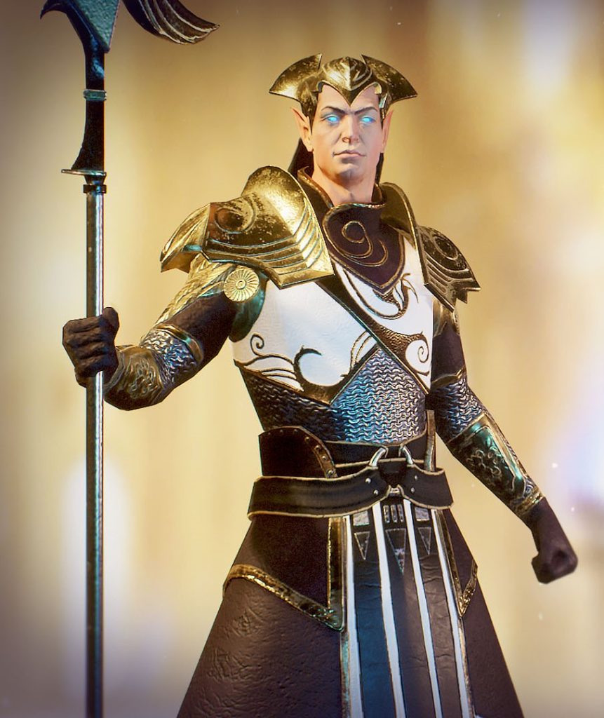 Elf-like warrior in ornate gold-and-white armor holds a tall spear, glowing blue eyes forward, against a warm background.