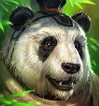 Cartoon panda peeking through green bamboo leaves, wearing a small black cap and goggles.