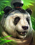 Cartoon panda peeking through green bamboo leaves, wearing a small black cap and goggles.
