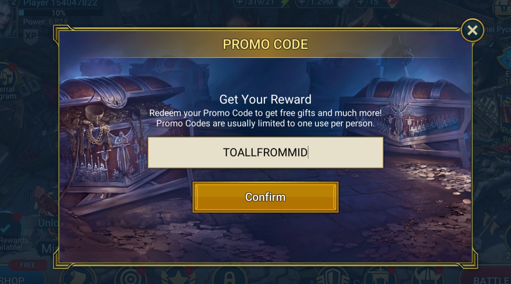 CODES REDEEM EN 1 - moduletd.com Promo code entry dialog with gold border and title PROMO CODE; input field shows TOALLFROMMID; confirm button below.