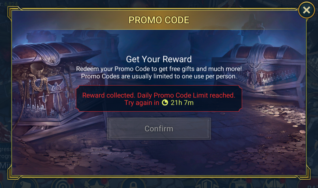 CODES REDEEM EN - moduletd.com Promo code modal over treasure chest scene with Reward message and retry timer (21h7m)