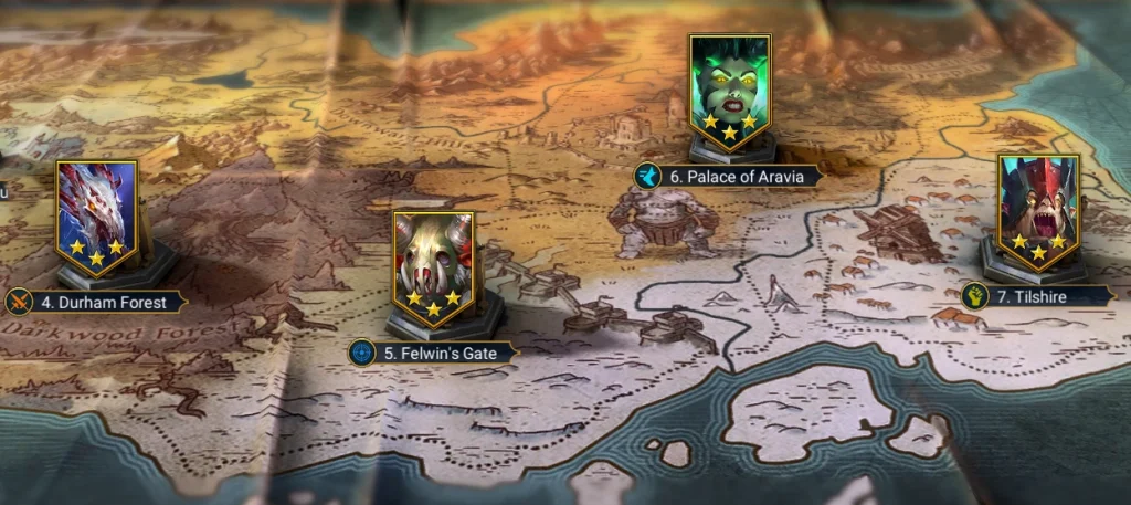 Campaign_04-07_Durham_Forest_Felwin27s_Gate_Palace_of_Aravia_Tilshire - moduletd.com Fantasy game map with four hero banners placed at Durham Forest, Felwin's Gate, Palace of Aravia, and Tilshire.