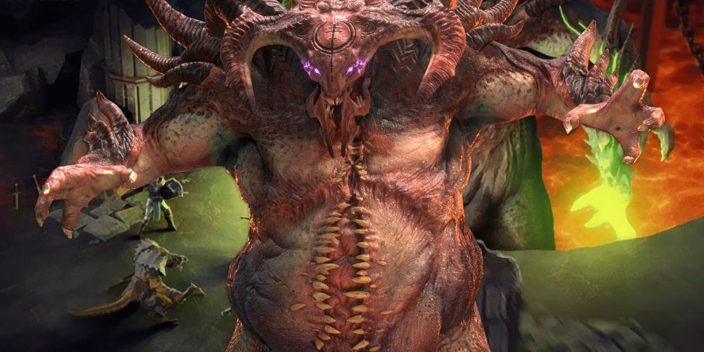 Clan-boss - moduletd.com Large demonic monster with horns and purple-glowing eyes looming over adventurers in a lava-lit cavern.