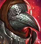 Fantasy armored warrior wearing a metallic plague doctor mask with a beak, against a red glowing background.