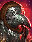 Fantasy armored warrior wearing a metallic plague doctor mask with a beak, against a red glowing background.