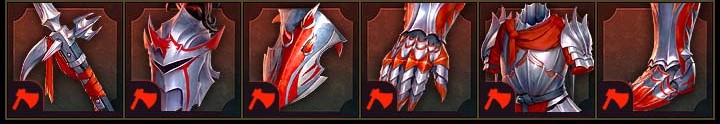 Critical_Damage_Set - moduletd.com Row of red and silver fantasy armor pieces shown as fantasy inventory icons (gauntlets, vambraces, and armor segments).