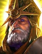 Close-up portrait of a bearded fantasy warrior wearing a ornate gold helmet glowing with yellow light in the background.