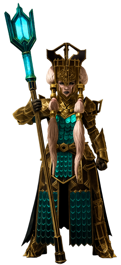 Fantasy warrior in gold armor with turquoise lamellar plates, holding a glowing blue staff.