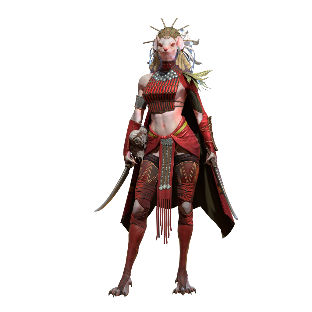 Anthropomorphic rat warrior in red armor with a ornate headpiece, standing with blades against a black background.