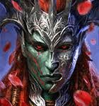 Fantasy portrait of a dual-faced armored figure with an ornate silver helmet; left green, right blue, red background accents.