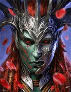 Fantasy portrait of a dual-faced armored figure with an ornate silver helmet; left green, right blue, red background accents.