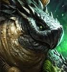 Close-up of a dragon head with gold scales and a dark snout in a forest setting.