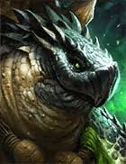 Close-up of a dragon head with gold scales and a dark snout in a forest setting.