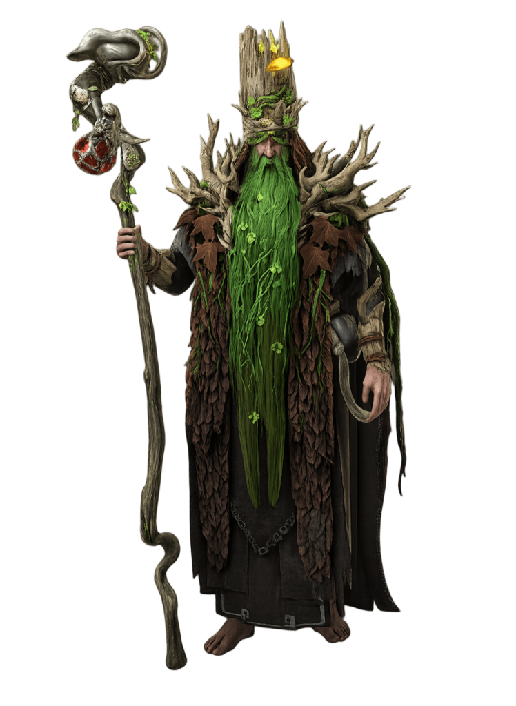 Forest-dwelling wizard with a long green beard, wooden crown, mossy cloak, and gnarled staff.