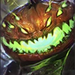 Close-up of a pumpkin-headed fantasy monster with jagged green teeth and glowing lime eyes.