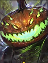 Close-up of a pumpkin-headed fantasy monster with jagged green teeth and glowing lime eyes.