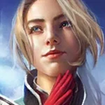 Portrait of a young woman with short blonde hair and blue eyes, wearing a dark uniform and red gloves, against a blue sky background.