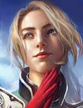 Portrait of a young woman with short blonde hair and blue eyes, wearing a dark uniform and red gloves, against a blue sky background.