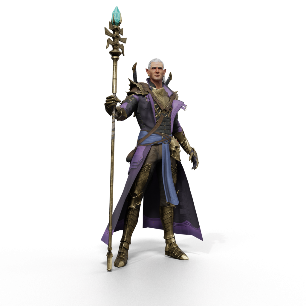 Kael_5 - moduletd.com Armored elf mage in purple and gold, wielding a tall staff with a glowing crystal top.