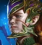 Close-up of a fantasy character wearing an ornate green and gold helmet, with blue magical energy in the background.