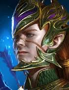 Close-up of a fantasy character wearing an ornate green and gold helmet, with blue magical energy in the background.