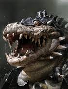 Close-up of a snarling dragon-like monster with sharp teeth and spiked scales on its head.