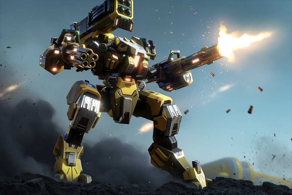 Large yellow combat mech firing a shoulder-mounted gun, sparks flying, standing on rocky terrain against a cloudy sky