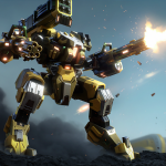 Large yellow combat mech firing a shoulder-mounted gun, sparks flying, standing on rocky terrain against a cloudy sky