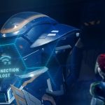 Person with red hair faces a large blue sci-fi robot in a dark control room; a holographic display shows 'CONNECTION LOST'.