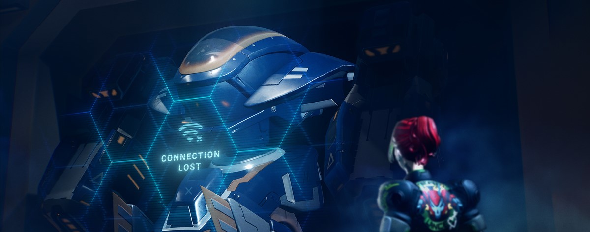 Person with red hair faces a large blue sci-fi robot in a dark control room; a holographic display shows 'CONNECTION LOST'.