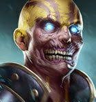 Menacing undead warrior with glowing blue eyes, yellow scarred skin, and metal armor.