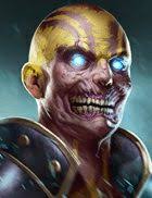 Menacing undead warrior with glowing blue eyes, yellow scarred skin, and metal armor.