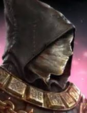 Hooded armored character facing left, wearing a dark cloak and an ornate gold-embellished collar, against a pink background.