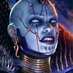 Blue-skinned cybernetic humanoid with stitched scars, metal neck rings and spike headgear, glowing eyes, set against a dark futuristic cityscape.