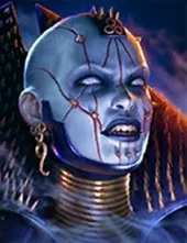 Blue-skinned cybernetic humanoid with stitched scars, metal neck rings and spike headgear, glowing eyes, set against a dark futuristic cityscape.