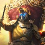 Armored skeletal knight seated on a throne, glowing blue eyes, holding a sword and a chalice of firelight.