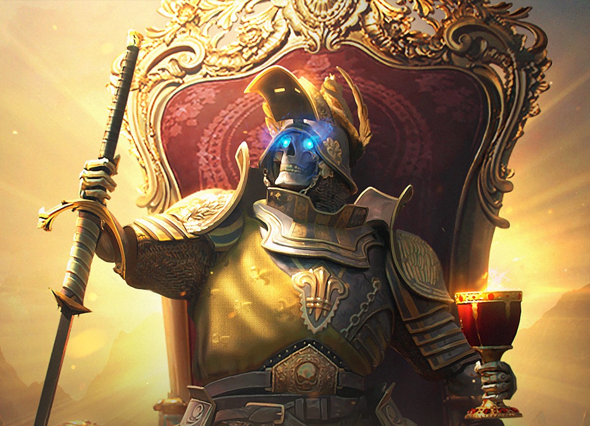 Armored skeletal knight seated on a throne, glowing blue eyes, holding a sword and a chalice of firelight.