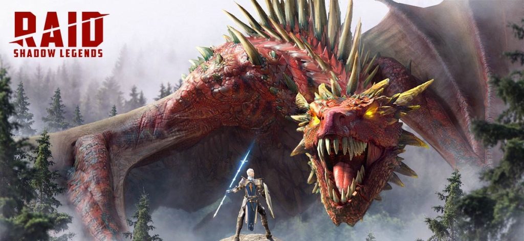 Armored warrior with a glowing blue sword confronts a colossal red dragon in a misty forest; RAID Shadow Legends logo in the top-left corner.