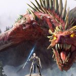 Armored warrior with a glowing blue sword confronts a colossal red dragon in a misty forest; RAID Shadow Legends logo in the top-left corner.