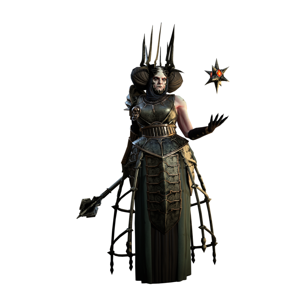 Dark armored warrior with a towering horned helm stands against a black background, conjuring a glowing spiked star relic to the right.