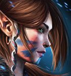 Close-up portrait of a fantasy woman with brown hair, an elven ear, blue facial markings, and a hoop earring, against a neon blue background.
