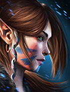 Close-up portrait of a fantasy woman with brown hair, an elven ear, blue facial markings, and a hoop earring, against a neon blue background.