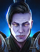 Portrait of a dark-haired male fantasy character with a stern expression and armor, glowing eyes, against a blue-lit background.