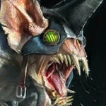 Close-up of a snarling fantasy monster with orange scales, pointed fangs, and a dark hood with a glowing green eyepiece.
