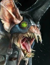 Close-up of a snarling fantasy monster with orange scales, pointed fangs, and a dark hood with a glowing green eyepiece.