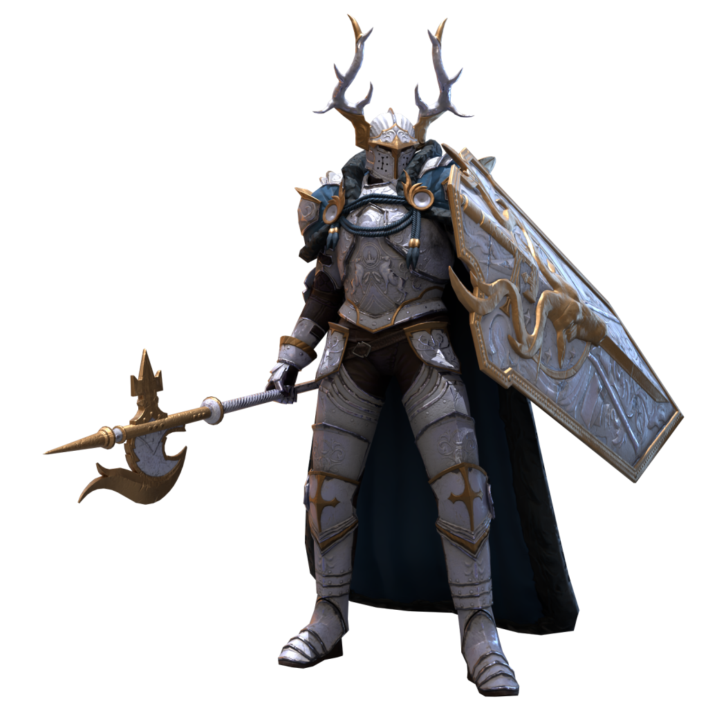 Armored knight with silver-and-gold plate armor, antler helm, large ornate shield, and a long spear against a black background